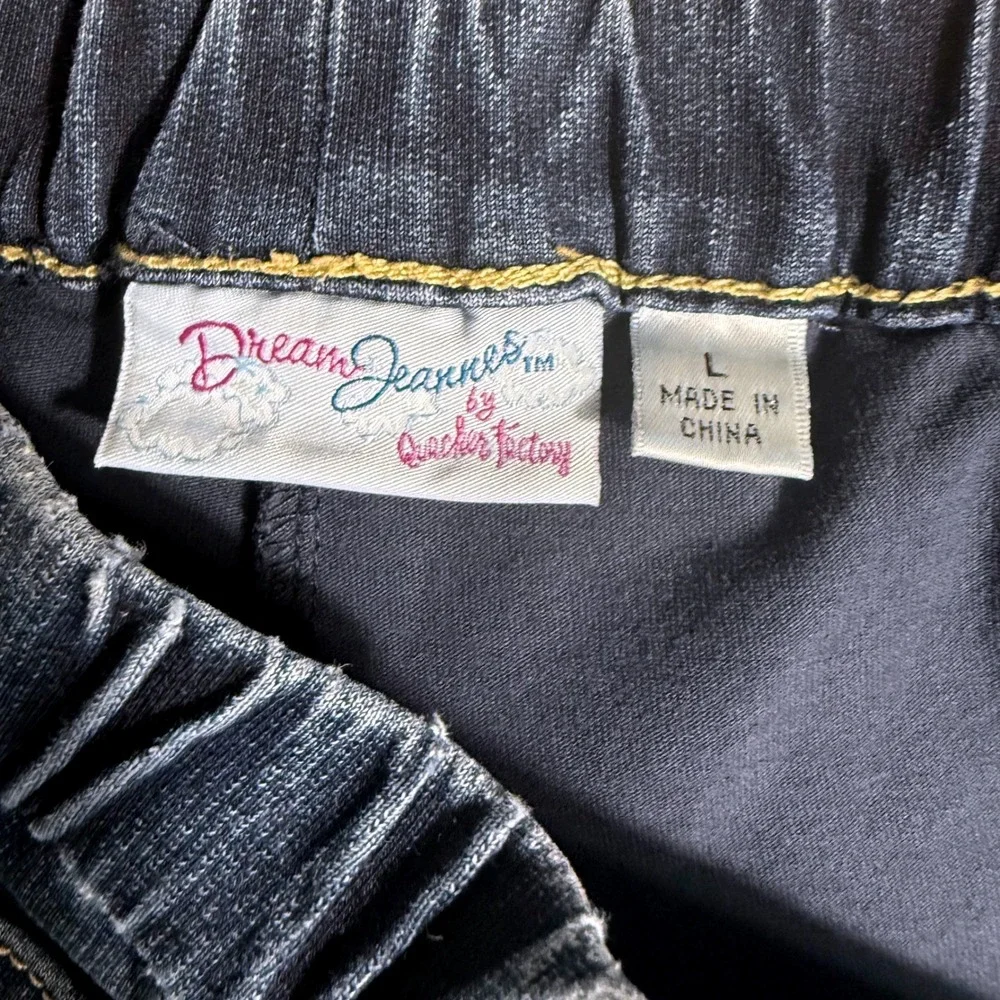 Quacker Factory DreamJeannes Blue Denim Cargo Skirt Rhinestone Heart Large